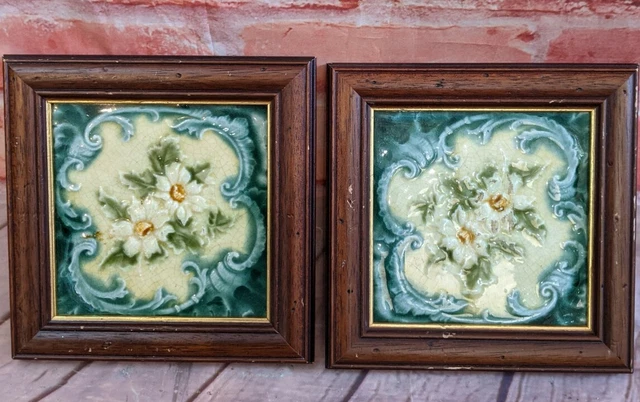 Pair of Victorian tiles in antique wooden frames