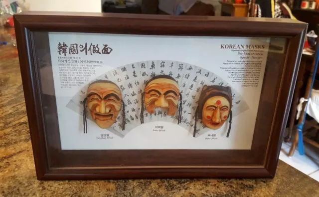 Korean MASK Hahoe Exorcism SHADOWBOX, 3 Masks, Byeolsin, Bune. FRAMED, korea