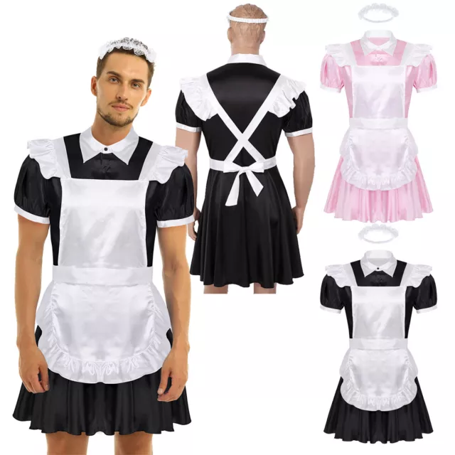 Mens Sissy French Maid Uniform Costumes Satin Dress Apron with Headband Outfits