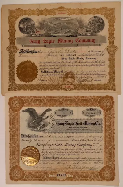 RARE Vintage 1908 Two Different Gray Eagle Mining Company Stock Certificates