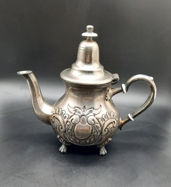 Superbe Service à Thé Marocain Vintage Signé - 4 Pièces - Métal Argenté Ciselé - Arts de la table