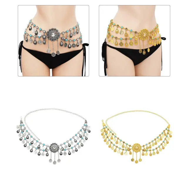 Boho Belly Dance Chain Waist Jewelry Alloy Dangle Coins Waist Belt for Women
