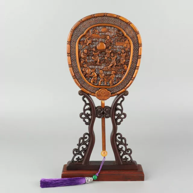 Chinese Exquisite Hand carved children Carving Boxwood fan