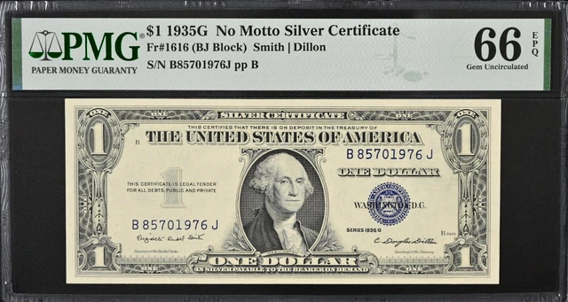 1935-G $1 Silver Certificate Fr# 1616 "Bj" Block Sn#B85701976J Pmg 66 Epq "Gem"