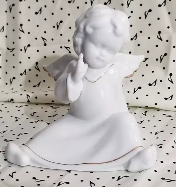Angel Cherub Figurine Small Size Wings Sitting Thinking White Porcelain Gloss