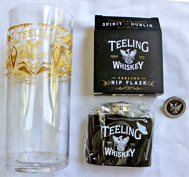 New  TEELING WHISKEY  Ireland  3  Promo Distillery Items  Glass  Pin  Hip Flask