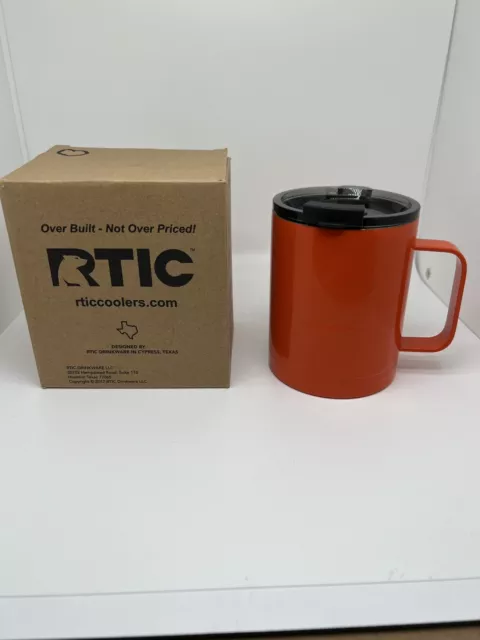 RTIC Coffee Cup Mug NEW Orange 12oz Dbl Wall Vacuumed Insulated Spill Proof Lid