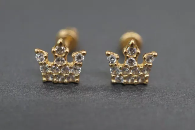14K Solid Yellow Gold Crown King Queen Children Women CZ Screw Back Earrings