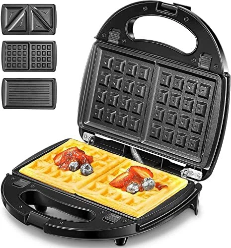 3-in-1 Sandwich Maker Belgian Waffle Maker Panini Press Grill 750W Double Sid...