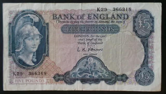 UK, (O'Brien), £5 Note, 1957-1961. Serial # K29 366318. Pick # 372. EPM # B280.