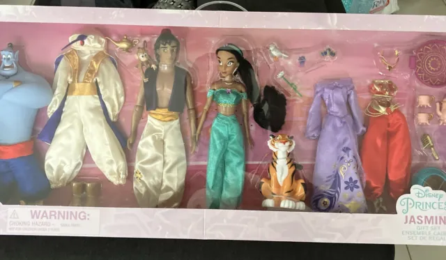 DELUXE SET Aladin Jasmine Jafar Genie Rajah Disney store coffret poupée