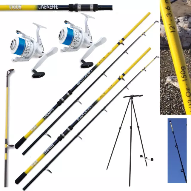 Sea Fishing Set 2 X 12Ft Beachcaster Rods + 2 X Shizuka Sea Reels + Tripod