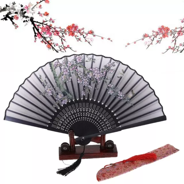 Retro Japanese Chinese Folding Silk Hand Held Fan Peach Blossom Bamboo Wedding