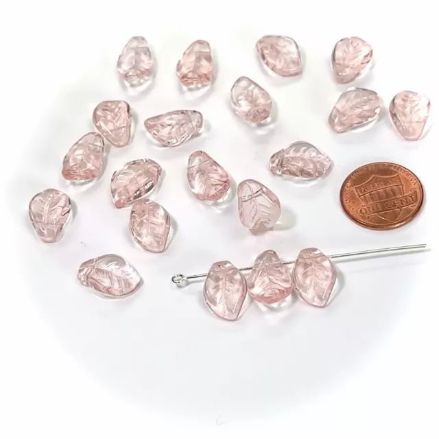 Czech Druk Glass Beads, Small Wavy Leaf Top Hole, 15x10mm, Rosaline pink 20pcs