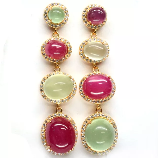 Vert Prehnite, Rubis Rouge & Blanc Zircone Longues Boucles D'Oreilles 925 Argent