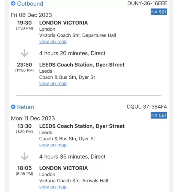 National Express Coach Ticket - London To Leeds - 8/12/23 to 11/12/23