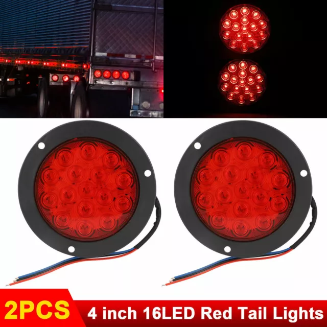 2x Red 16 LED 4" Round Truck Trailer Tail Stop Turn Brake Lights Chrome Grommet