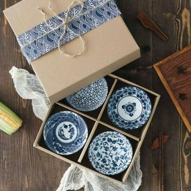 Set of 4 Porcelain Blue Japanese Bowls Porcelain Serve Bowl With Gift Box