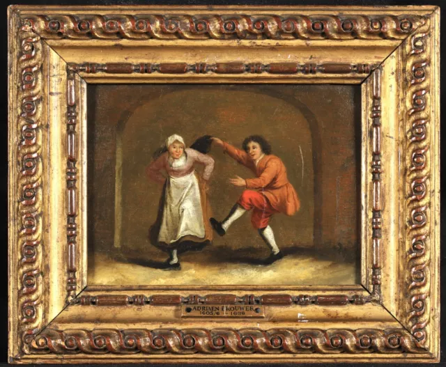 17th  CENTURY FLEMISH OLD MASTER OIL  PANEL - PEASANTS DANCING - ADRIAEN BROUWER