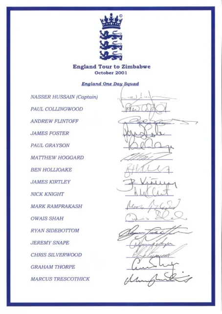 England Cricket One Day Team -  Tour To Zimbabwe 2001 - Hand Signed Tour Sheet.
