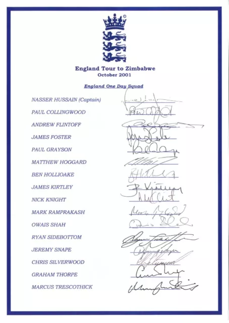 England Cricket One Day Team -  Tour To Zimbabwe 2001 - Hand Signed Tour Sheet.