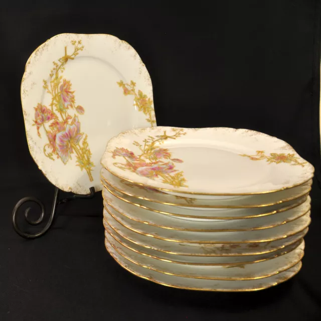 Limoges William Guerin Square Plates Set of Ten 8 7/8" Floral w/Gold 1870-1891