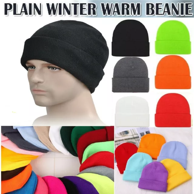 Unisex Plain Winter Ski Thermal Warm Knitted Wool Plain Beanie Hat Cap Outdoors