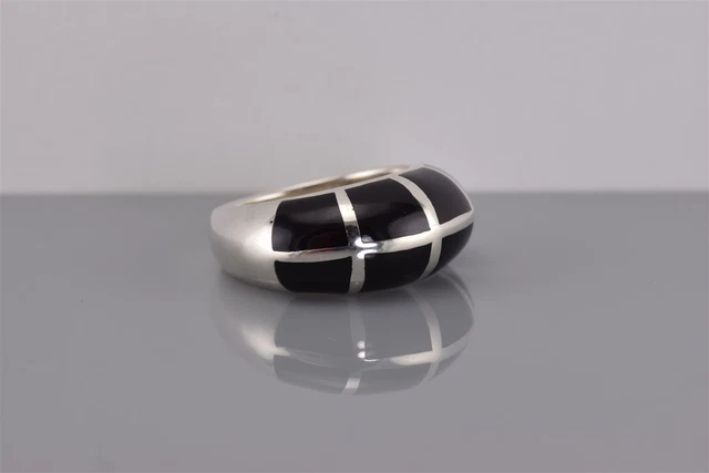 Sterling Silver Mosaic Block Black Enamel Domed Band Ring 925 Sz: 6
