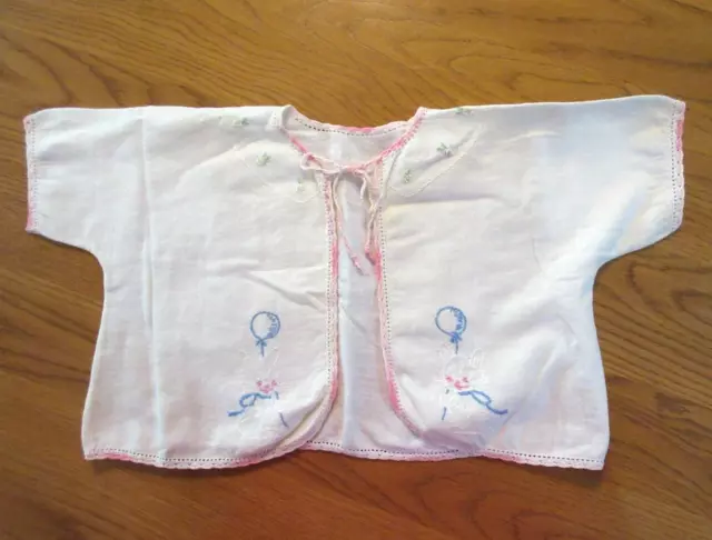 Vintage 1950's White Flannel Hand Made Embroidered Baby Shirt Jacket w Crochet