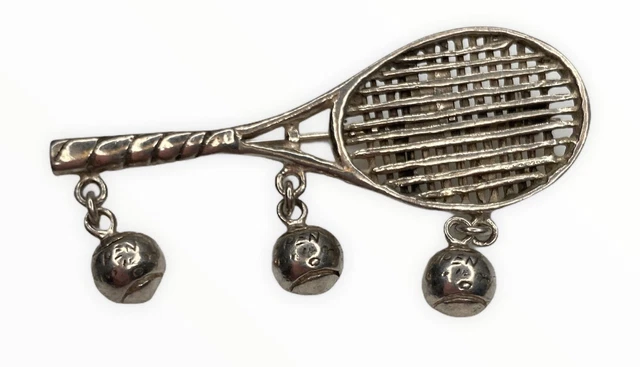 Vintage Charming Sterling Silver 925 Tennis Racket Dangle Brooch, Pin
