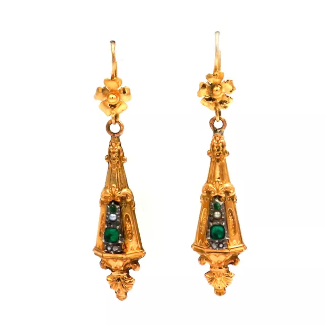 Biedermeier 14K Or Boucles D'Oreilles Avec Smaragden Et Orient Perles Um 1845