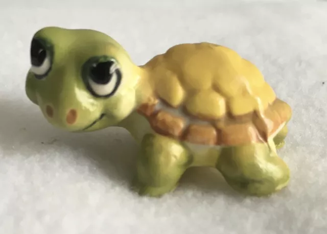 miniature ceramic turtle yellow brown shell green body detailed large eyes