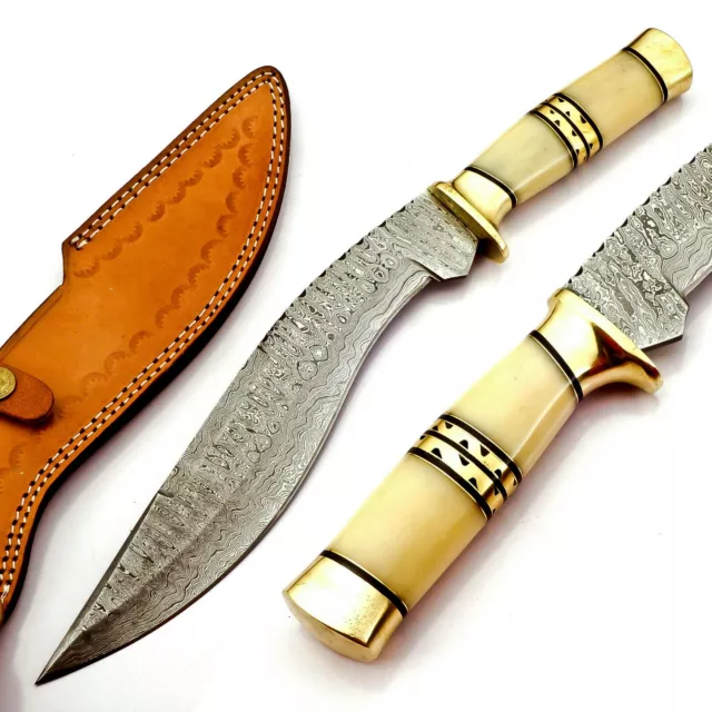 Damascus Kukri Knife Exotic Camel Bone and Brass Handle Ladder Pattern Sharp 17