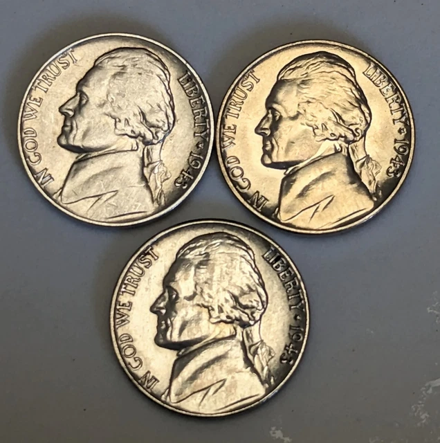 1943 P-D-S AU Silver Jefferson Nickels Lot of 3 - Nice Luster!