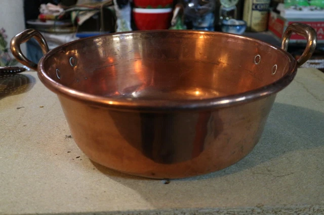 Grande Bassine à Confiture En Cuivre – Diamètre 38 Cm, Poignée Laiton, Ancienne