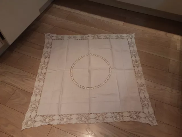 ANTIQUE linen Tablecloth CROCHETED LACE White HAND EMBROIDERED un laundered 1mt