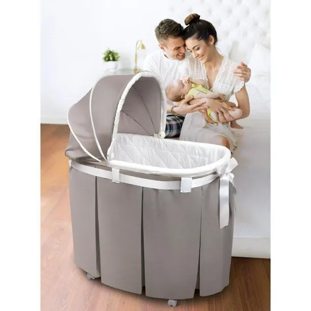 Gray Oval Bassinet Newborn Baby Rolling Basket w/Canopy Skirt Foam Pad Storage