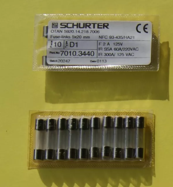 10 Fusibles à cartouche D1 2A 125V 5X20 Quick Acting schurter 7010.3440
