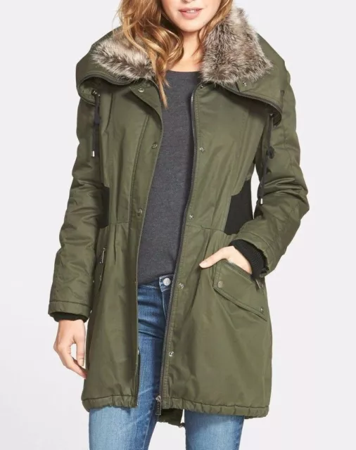 DKNY Womens Faux Fur Trim Utility Cotton Casual Parka Green Size Medium