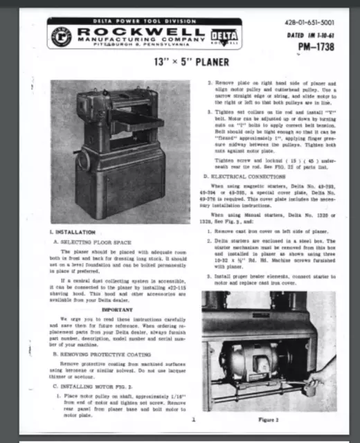Delta Rockwell 13 inch x 5 inch Planer Owner Parts manual 12 pages 1961 pm-1738