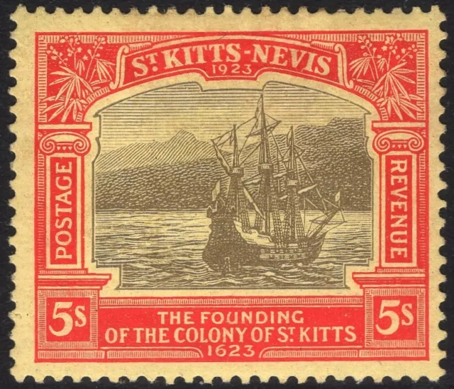 ST KITTS & NEVIS-1923 Tercentenary 5/- Black & Red/Pale Yellow.  MM Sg 59