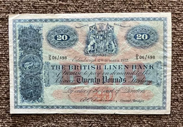 1957 Scotland The British Linen Bank 20 Pounds Banknote