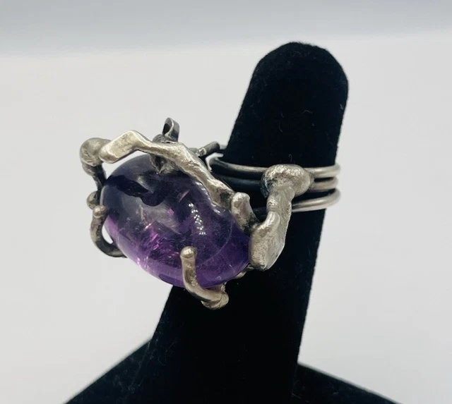 Bague Vintage Argent Massif Avec Améthyste Taille Baguette - Taille 50, Design Scandinave - Occasion TB