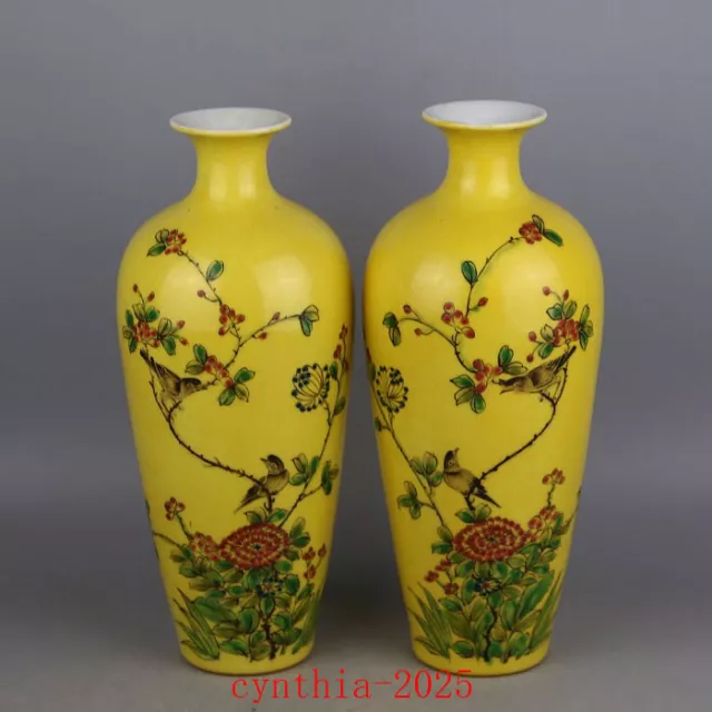 9.6"Chinese antique Porcelain qianlong famille rose Flowers and birds Pulm vase