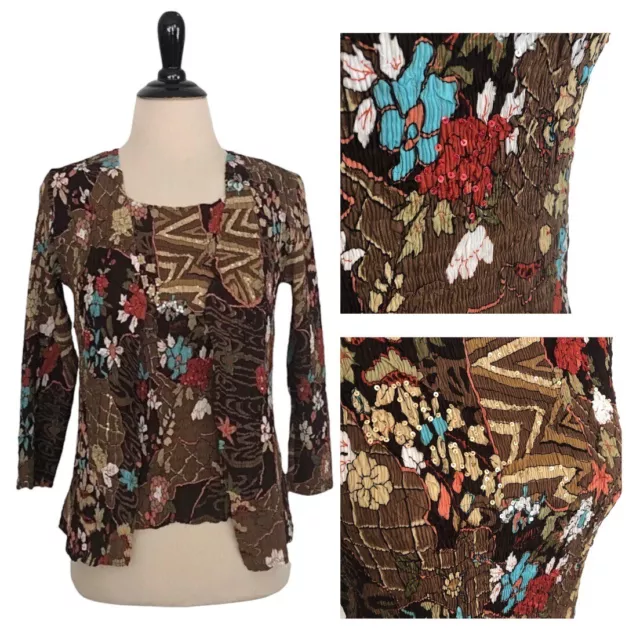 ALBERTO MAKALI Women TOP & JACKET M Twin Set Sequin Crinkle Floral Tank Sparkle