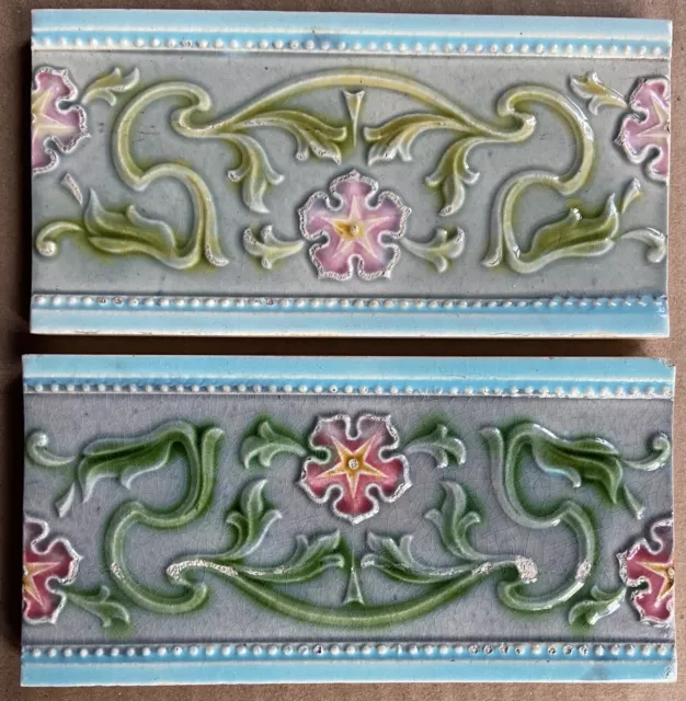 Belgium - 2 Antique Art Nouveau Majolica Border Tiles C1900