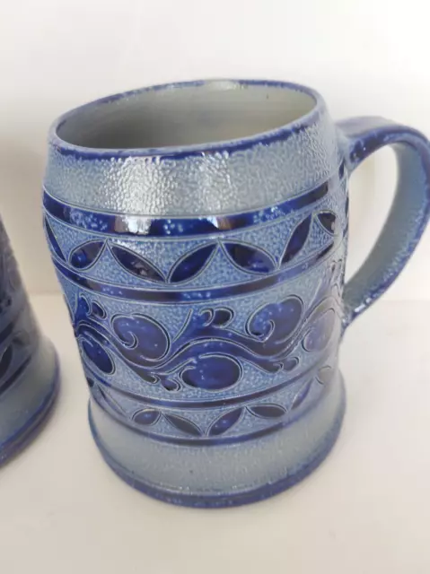 Vintage Ceramic Beer Stein Mugs Salt Glazed Colbalt Blue Gray Stoneware Germany 3