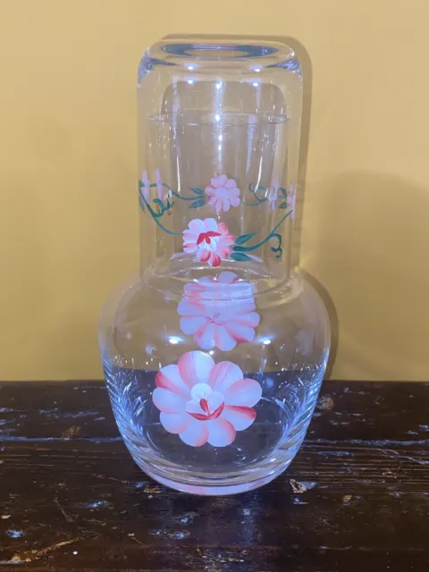 Pretty Vintage Bedside Water Carafe And Drinking Glass Pink Flower And Foliage