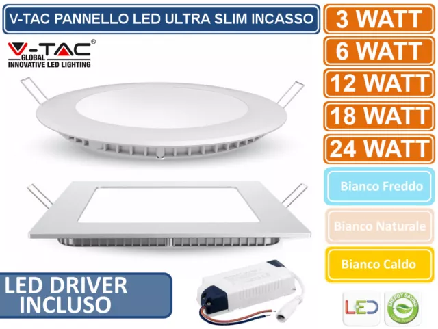 Pannello Led V-Tac Faretto Incasso 3W 6W 12W 18W 24W Quadrato Tondo Ultra Slim