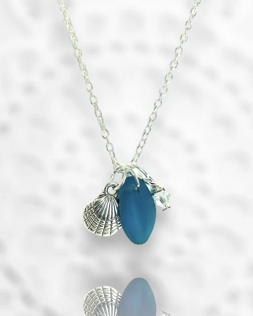Deep Turquoise Seaglass Charm Necklace- Scallop Shell
